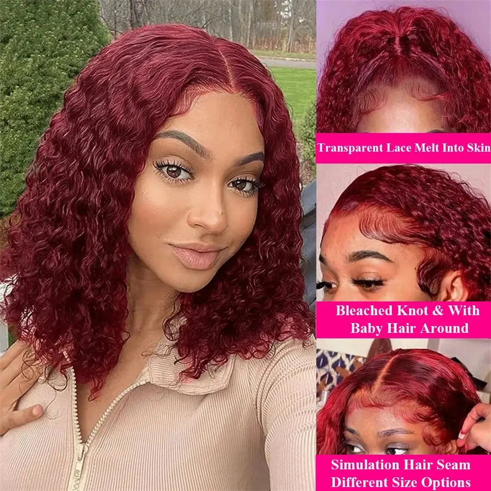 Burgundy 99J Deep Wave Short Bob Wig featuring 100% premium human hair with a Swiss lace front for a luxurious look.