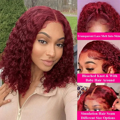 Burgundy 99J Deep Wave Short Bob Wig featuring 100% premium human hair with a Swiss lace front for a luxurious look.