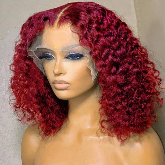 Luxurious 99J Red Curly Deep Wave 13x4 Lace Front Bob Wig, showcasing vibrant shades of red in a fashionable short length.