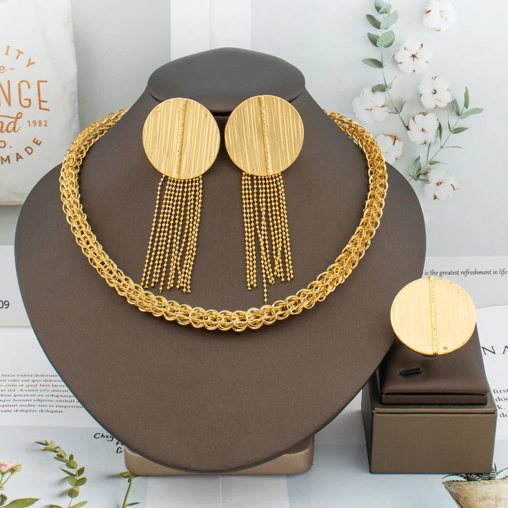 Elegant gold necklace showcased in the luxury African fashion jewelry set for women.