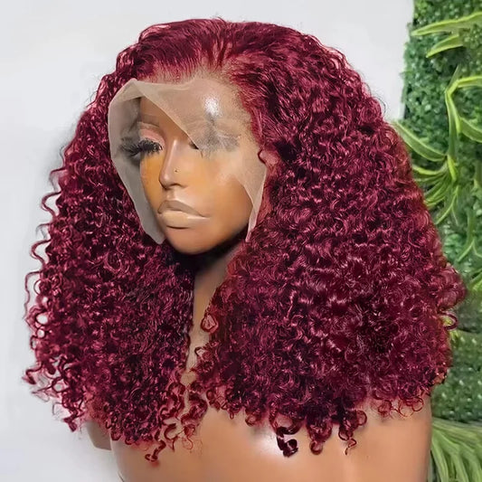 Burgundy short deep wave bob lace front wig, crafted from premium Remy human hair with a transparent Swiss lace, embodies luxury and style for women.