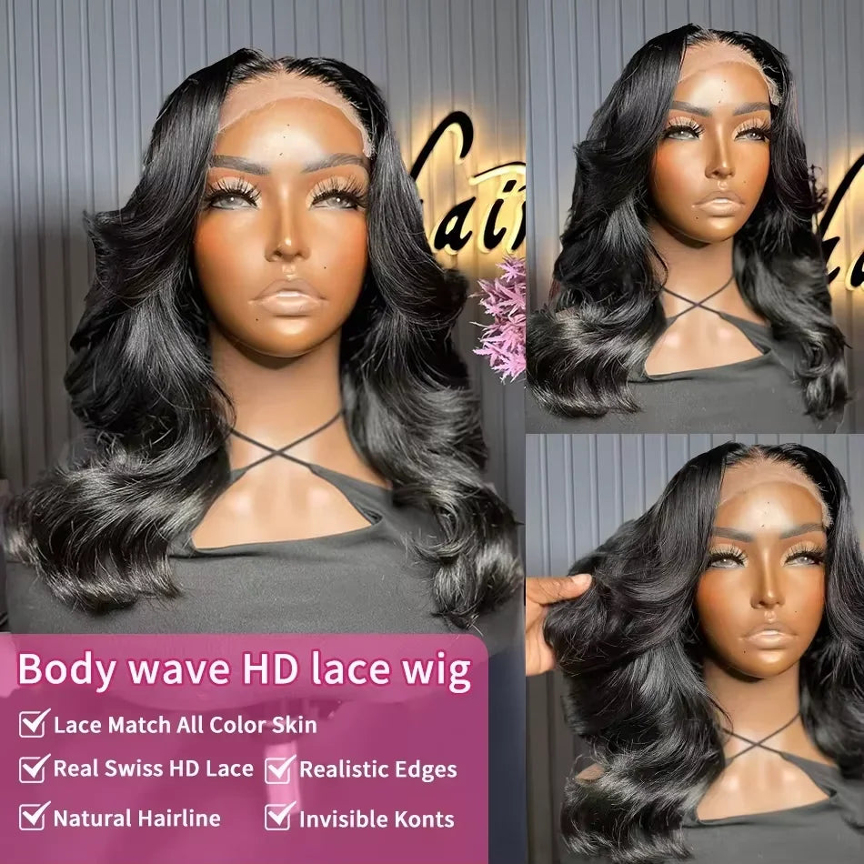 Elegant 13x4 transparent lace front wig for women, highlighting the rich body wave texture and natural light brown lace color for a seamless fit.