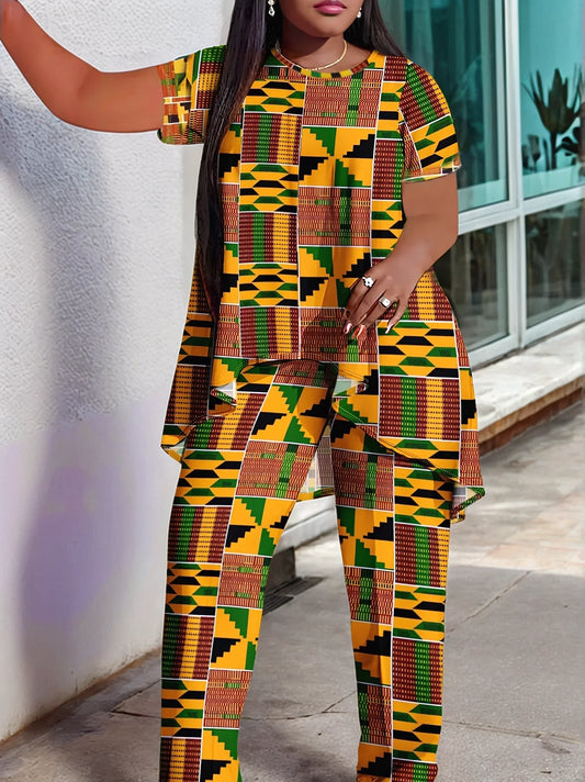 Chic O-neck top from the plus size wide-leg pants set, made from 100% polyester with medium stretch, embodying refined style for middle-aged women.