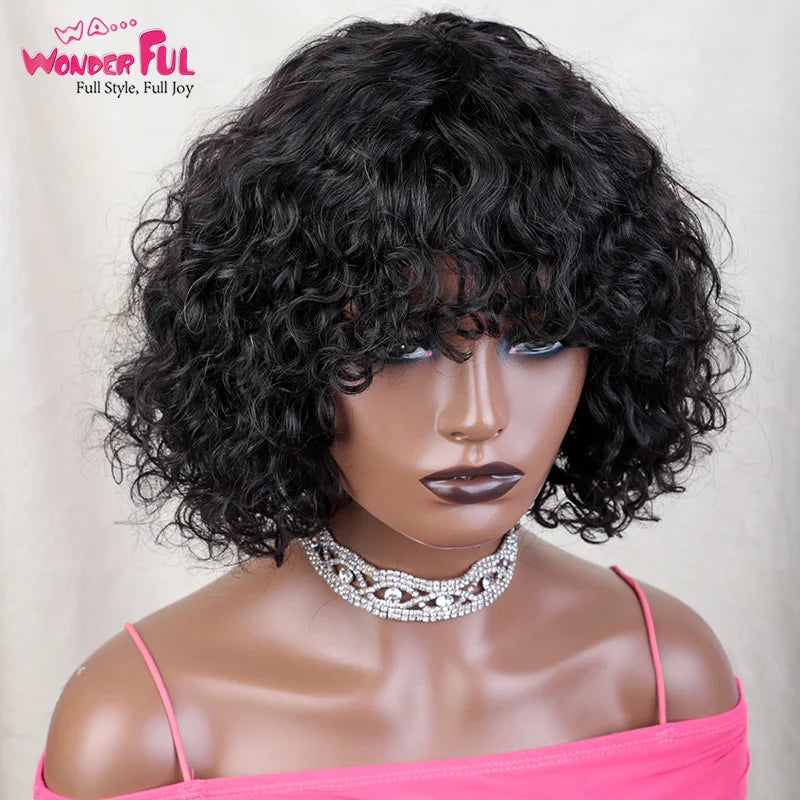 Back view of a Remy Human Hair Brazilian Jerry Curl Bob Wig, showcasing its elegant short water wave texture.