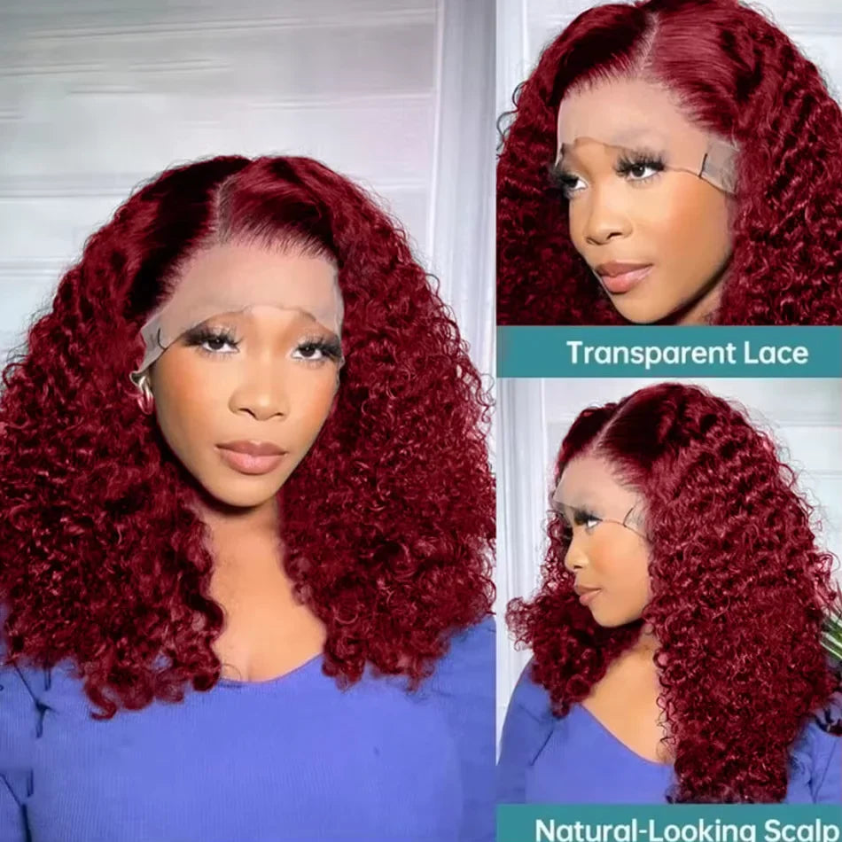 Close-up view of the Burgundy 99J Deep Wave Short Bob Wig showcasing its stunning deep wave texture and sophisticated lace front design, perfect for enhancing your natural beauty.