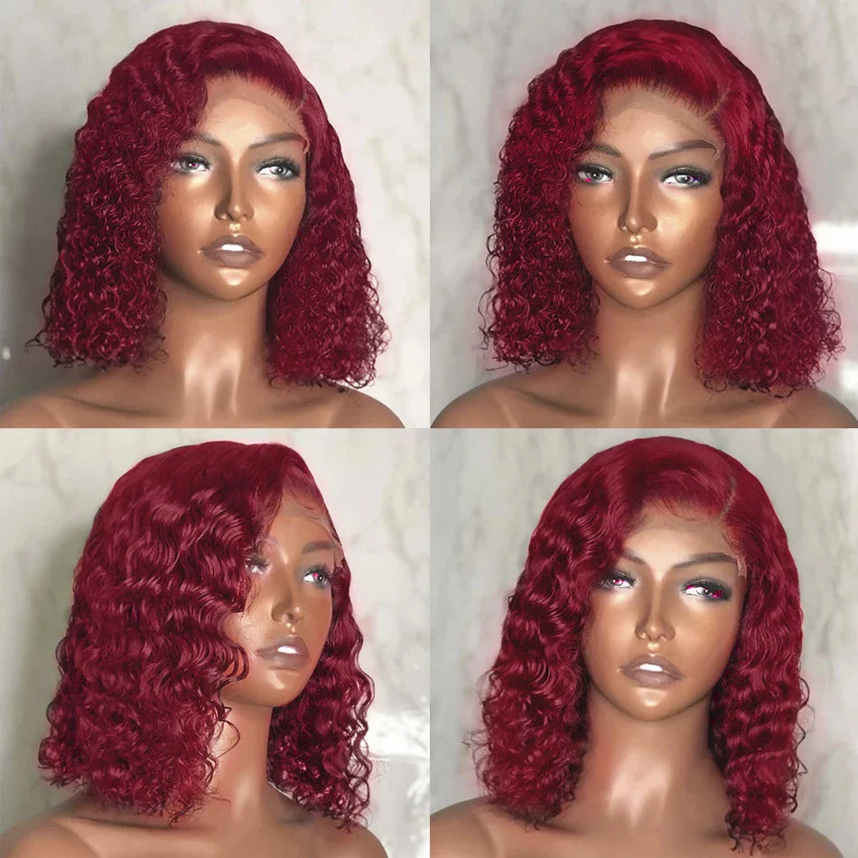 Elegant 99J Red deep wave bob wig featuring a natural-looking lace front, designed for a sophisticated and fashionable appearance.