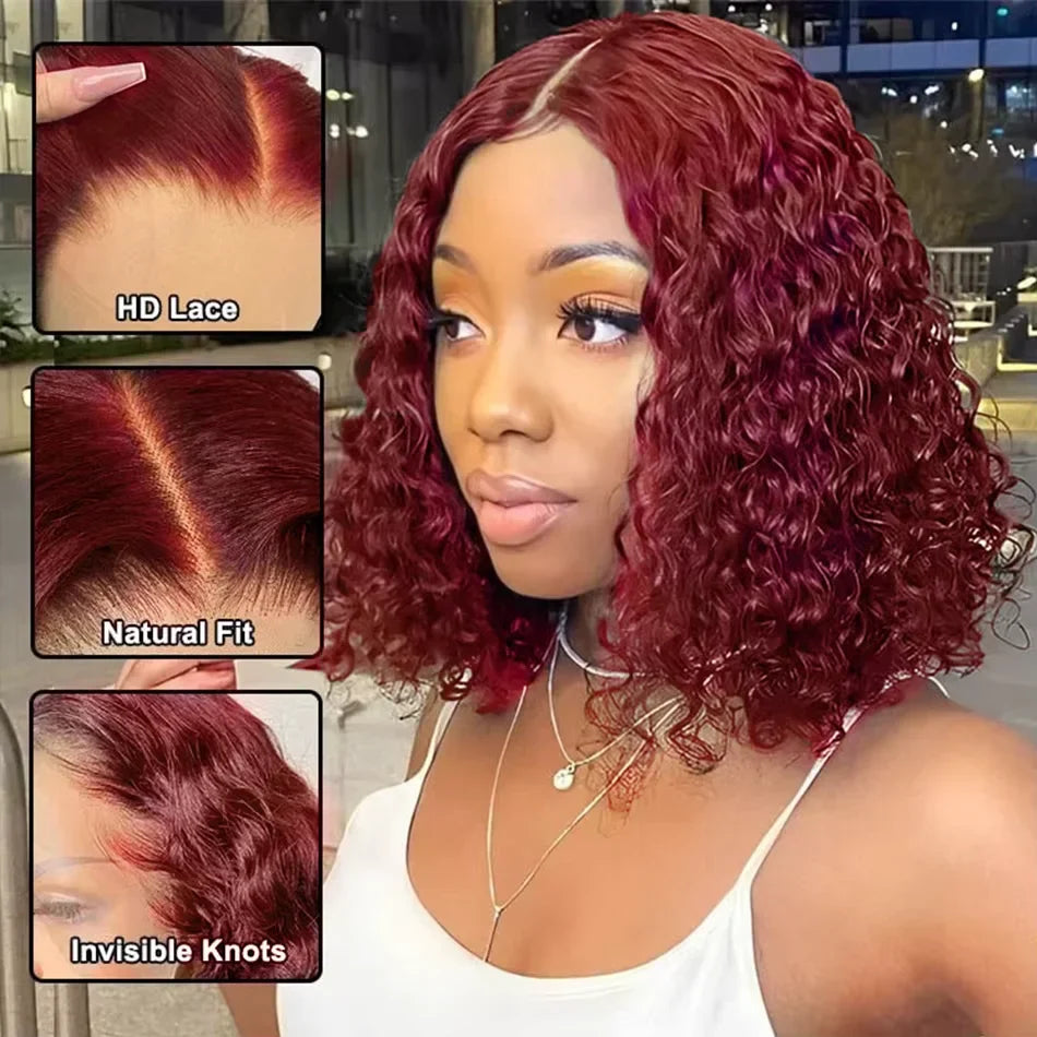 Elegant Burgundy 99J Deep Wave Short Bob Wig styled with cascading curls, highlighting the richness of the colour and the seamless blend of baby hairs for a natural look.