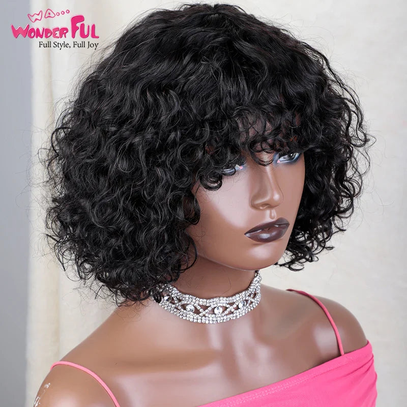 Close-up of the luxurious texture and quality of a Brazilian Jerry Curl Bob Wig with bangs, ideal for a chic look.