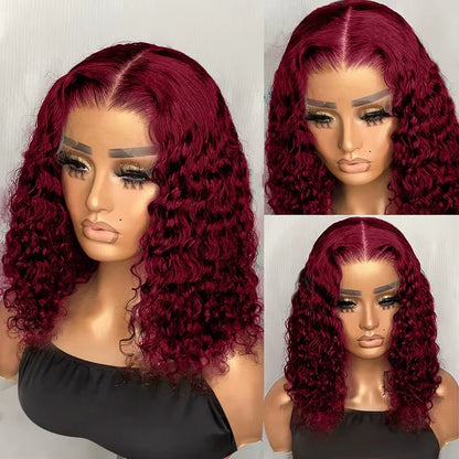 Burgundy 99J Deep Wave Short Bob Wig featuring luxurious 100% human hair with a water curly texture and delicate baby hairs, crafted from high-quality Swiss lace for a comfortable fit.