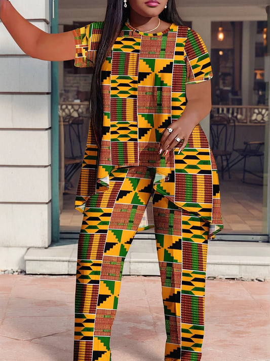 Elegant plus size wide-leg pants set for women in vibrant multicolored plaid geometric print, showcasing a luxurious casual style perfect for summer wear.