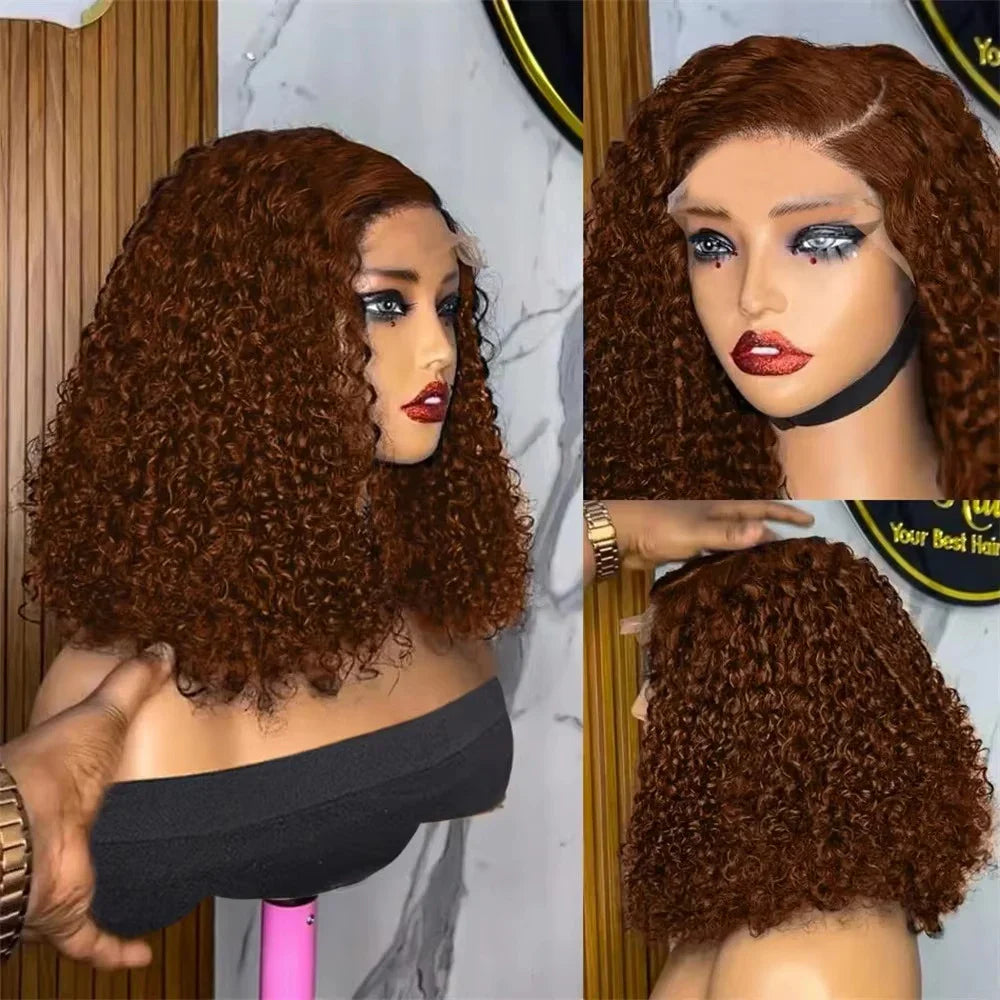 Close-up of the exquisite texture of the Brown Kinky Curly Lace Front Wig, featuring rich chocolate brown colour and 13x4 lace for seamless application.
