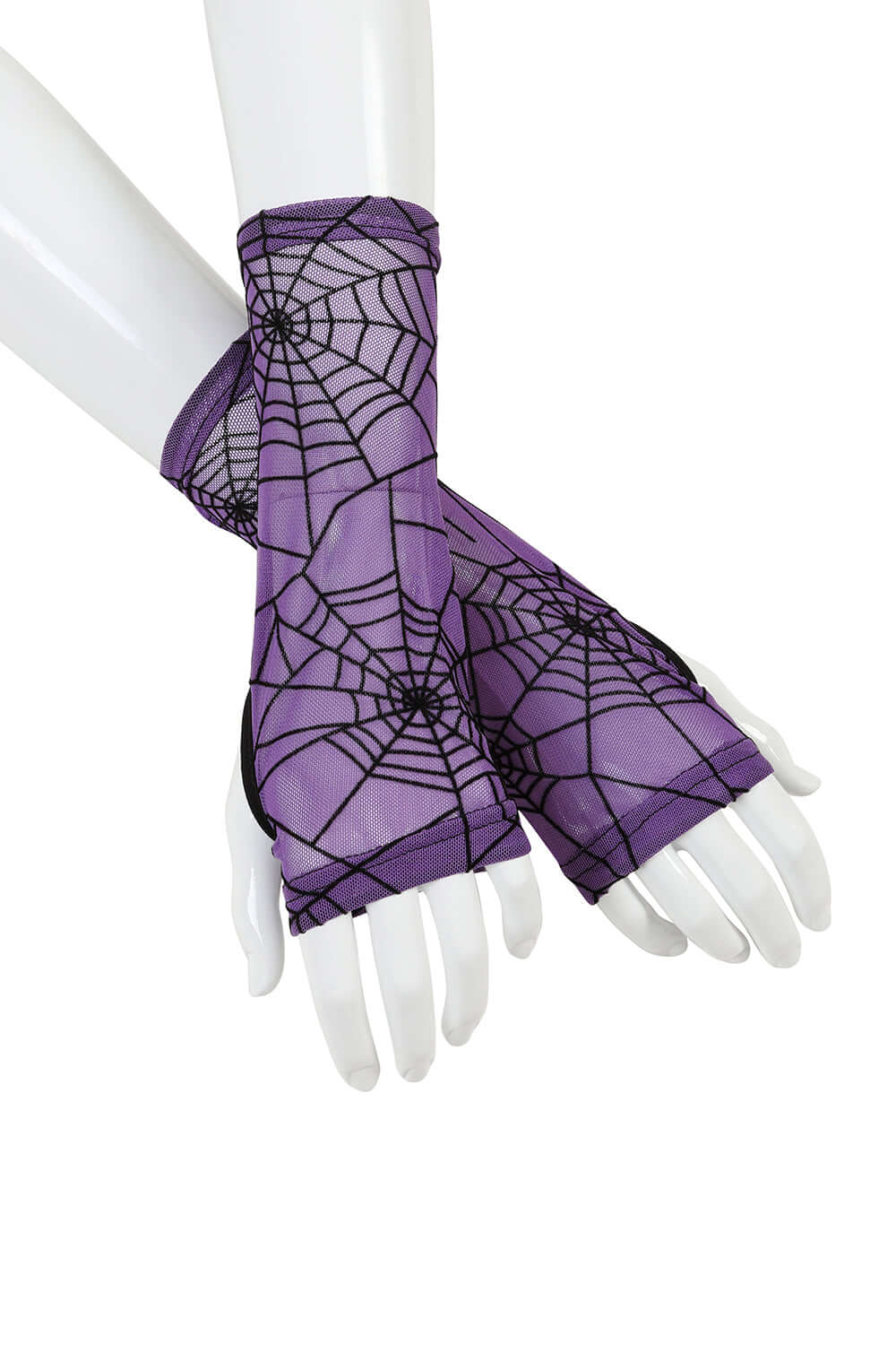 Gothic Banned Apparel Seraphina fingerless gloves featuring luxurious purple mesh and intricate spiderweb design, perfect for a statement accessory in a gothic style.