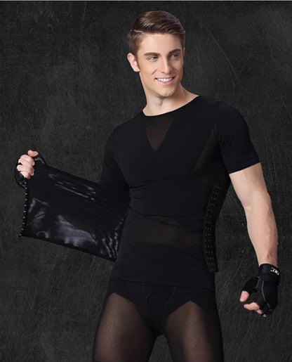 Elegant men's compression shirt showcasing a sleek silhouette, perfect for body shaping and enhancing confidence. The model is wearing the black short sleeve shirt, exuding a luxurious style.