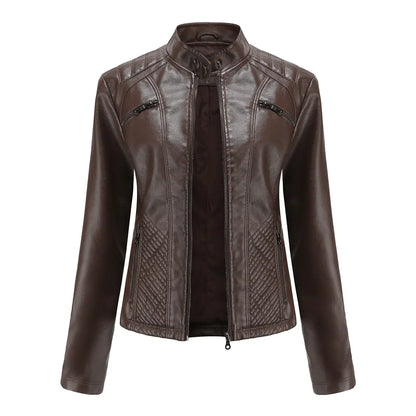 Luxury Women's Casual Leather Jacket styled with elegant trousers – A perfect combination for upscale casual wear.