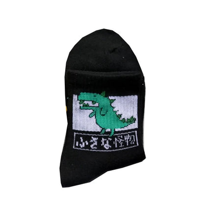 Stylish Hip Hop Long Socks for Women & Girls displaying a fun cartoon dinosaur design in classic black, ensuring unmatched comfort with a cotton and polyester blend.