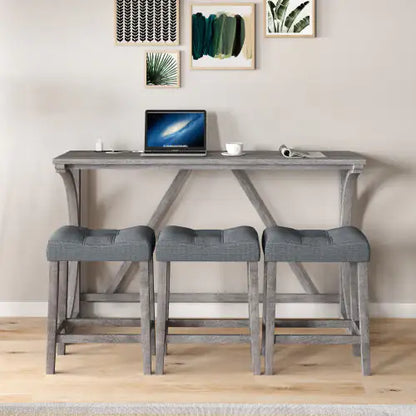 Apex Artisan Bar Ensemble showcasing a modern design with a solid wood table and three elegantly upholstered stools, enhancing a stylish home office or dining area with luxurious comfort.