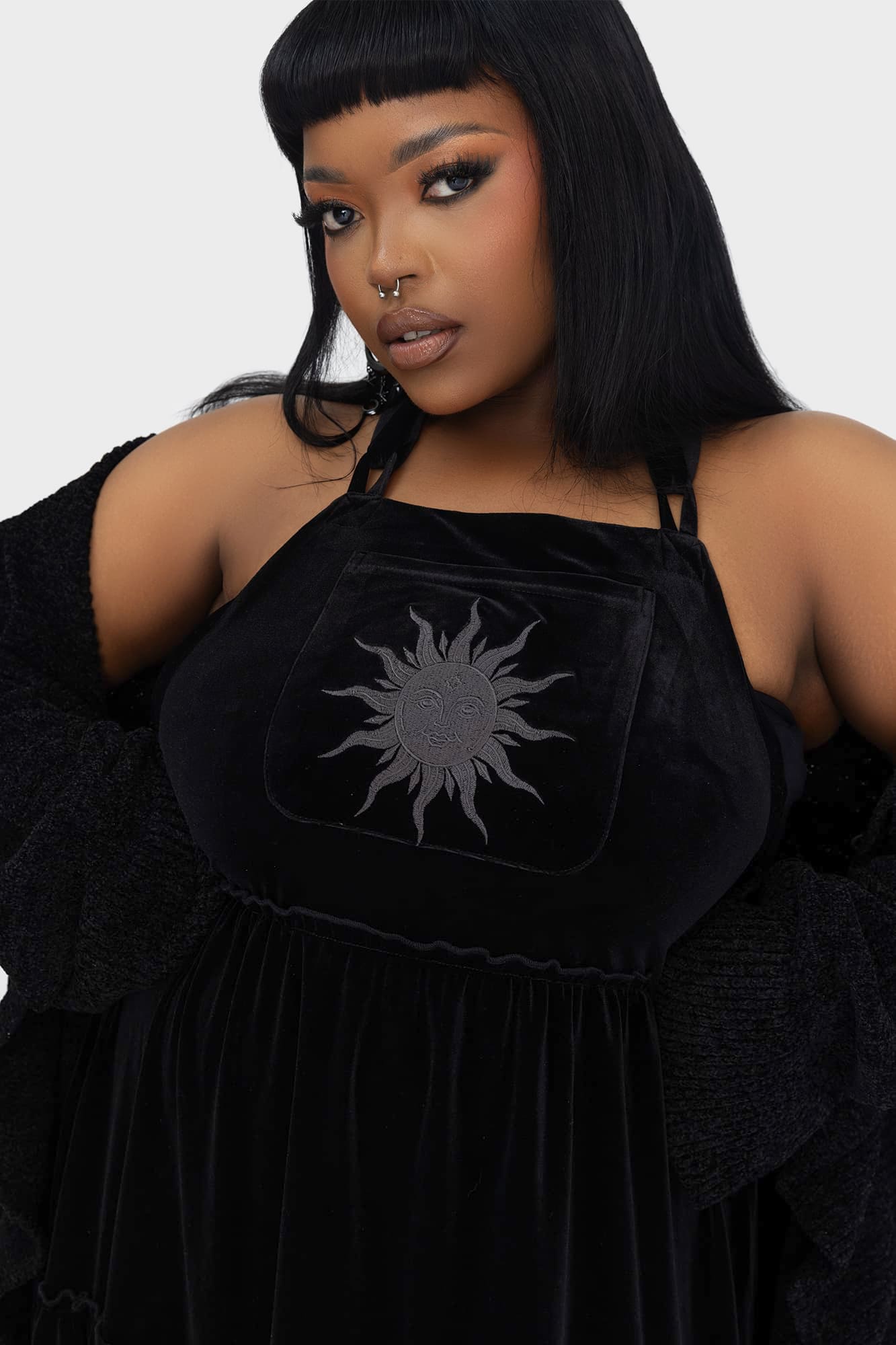 Detail of adjustable tie shoulder straps on the Killstar Ascended Maxi Pinafore Dress, offering a personalised fit and elegant silhouette.