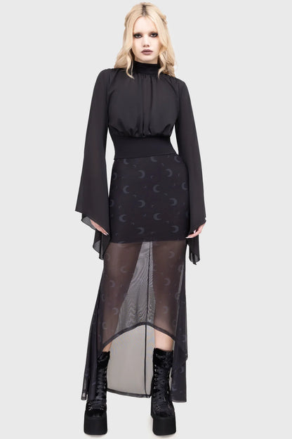 Killstar Astralune High Neck Flared Sleeve Top featuring elegant loose-fit design and dramatic flared sleeves, perfect for a sophisticated alternative wardrobe.