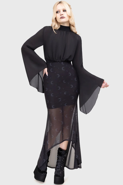 Elegant high neck flared sleeve top from Killstar, featuring flowing sleeves and a keyhole back detail, perfect for a sophisticated gothic look.