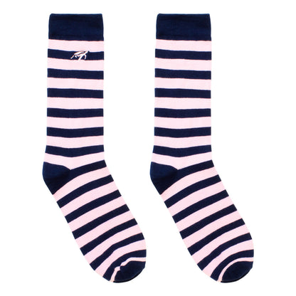 Luxurious navy and pink striped bamboo children's socks, soft and hypoallergenic for ultimate comfort.