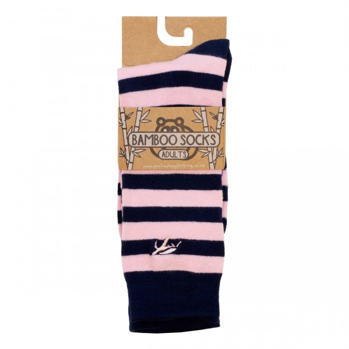 Close-up of antibacterial bamboo children's socks in navy and pink stripe, featuring superior softness and comfort.