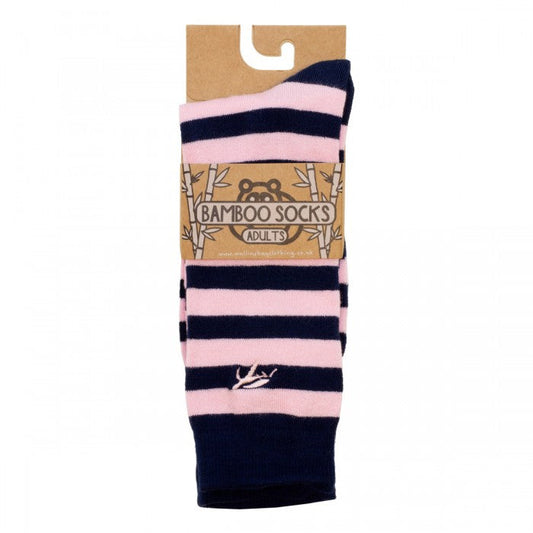 Close-up of antibacterial bamboo children's socks in navy and pink stripe, featuring superior softness and comfort.