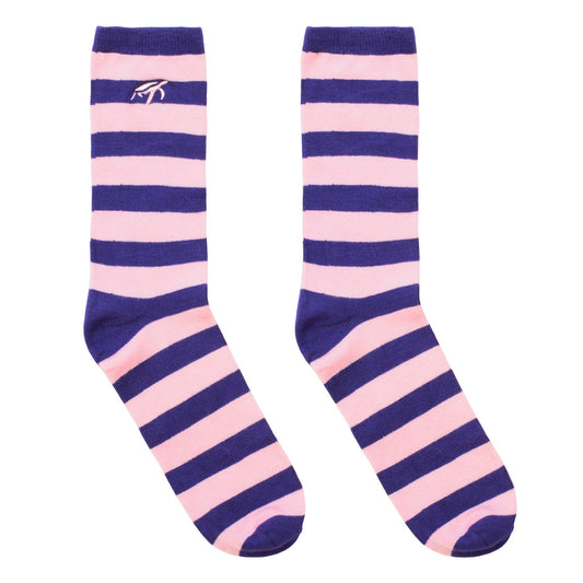 Luxury children's bamboo socks in purple and pink stripes, showcasing hypoallergenic comfort and antibacterial properties for all-day wear.