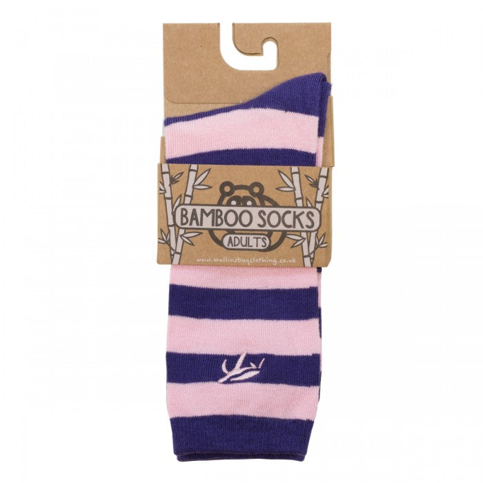 Close-up view of fashionable purple and pink striped bamboo socks for children, crafted for softness and skin sensitivity.