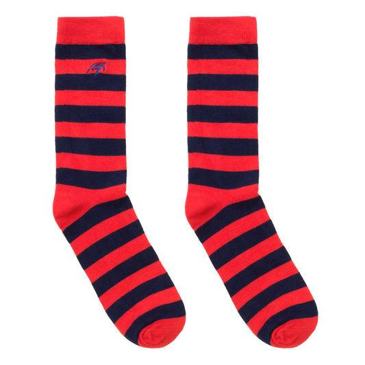 Luxurious red and navy striped bamboo children's socks by Mullins Bay Clothing, designed for comfort and softness, hypoallergenic and perfect for sensitive skin.
