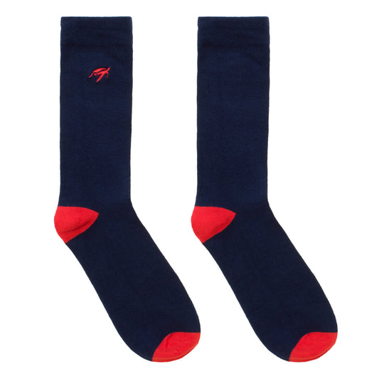 Luxury navy and red bamboo socks for adults by Mullins Bay Clothing, showcasing a soft and comfortable design with antibacterial and hypoallergenic properties.