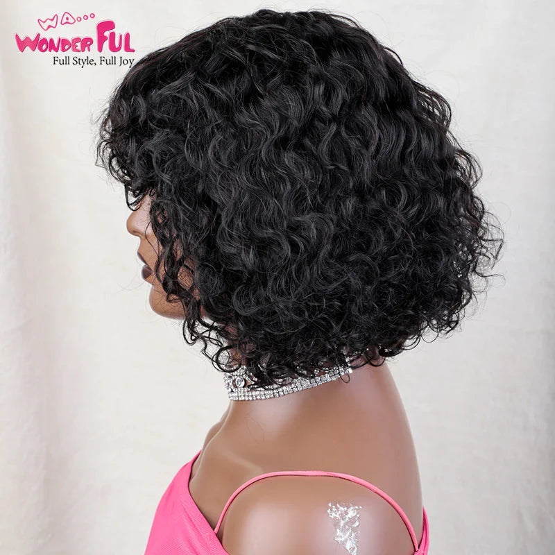 Side view of a luxurious Brazilian Jerry Curl Bob Wig featuring natural-looking bangs, designed for Black women.