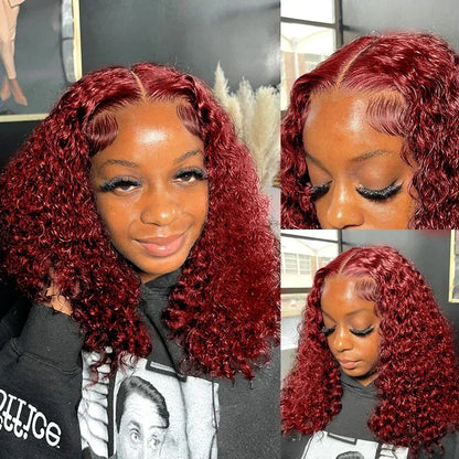Luxurious 99J Red Curly Deep Wave 13x4 Lace Front Bob Wig crafted from 100% Brazilian human hair, showcasing a stunning short length hairstyle.