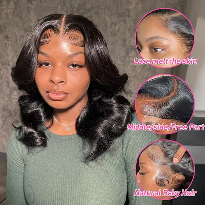 Elegant close-up of the Body Wave HD Lace Frontal Wig, crafted from high-grade Brazilian human hair for a flawless finish.