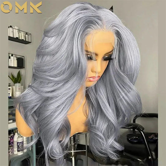 Luxury 26 Inch Silver Grey Body Wave HD Lace Front Wig made from 100% Brazilian Human Hair with transparent lace front, perfect for a natural look and versatile styling.