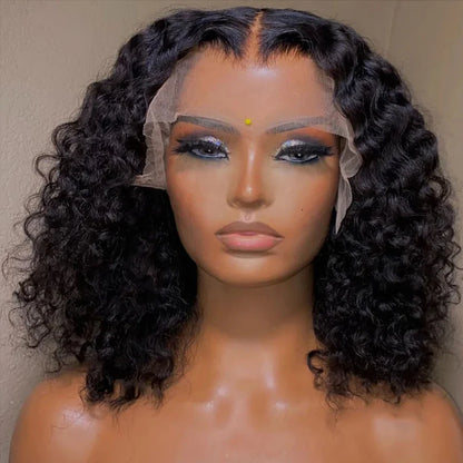 Stylish short HD lace frontal wig with water wave texture, made from ethically sourced Brazilian hair, offering a natural and glamorous appearance.
