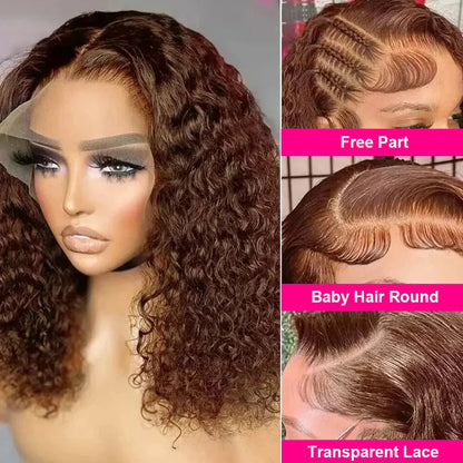 Display of the intricate lace base of the Brown Curly bob wig, showcasing the transparent Swiss Lace for a flawless and natural look.