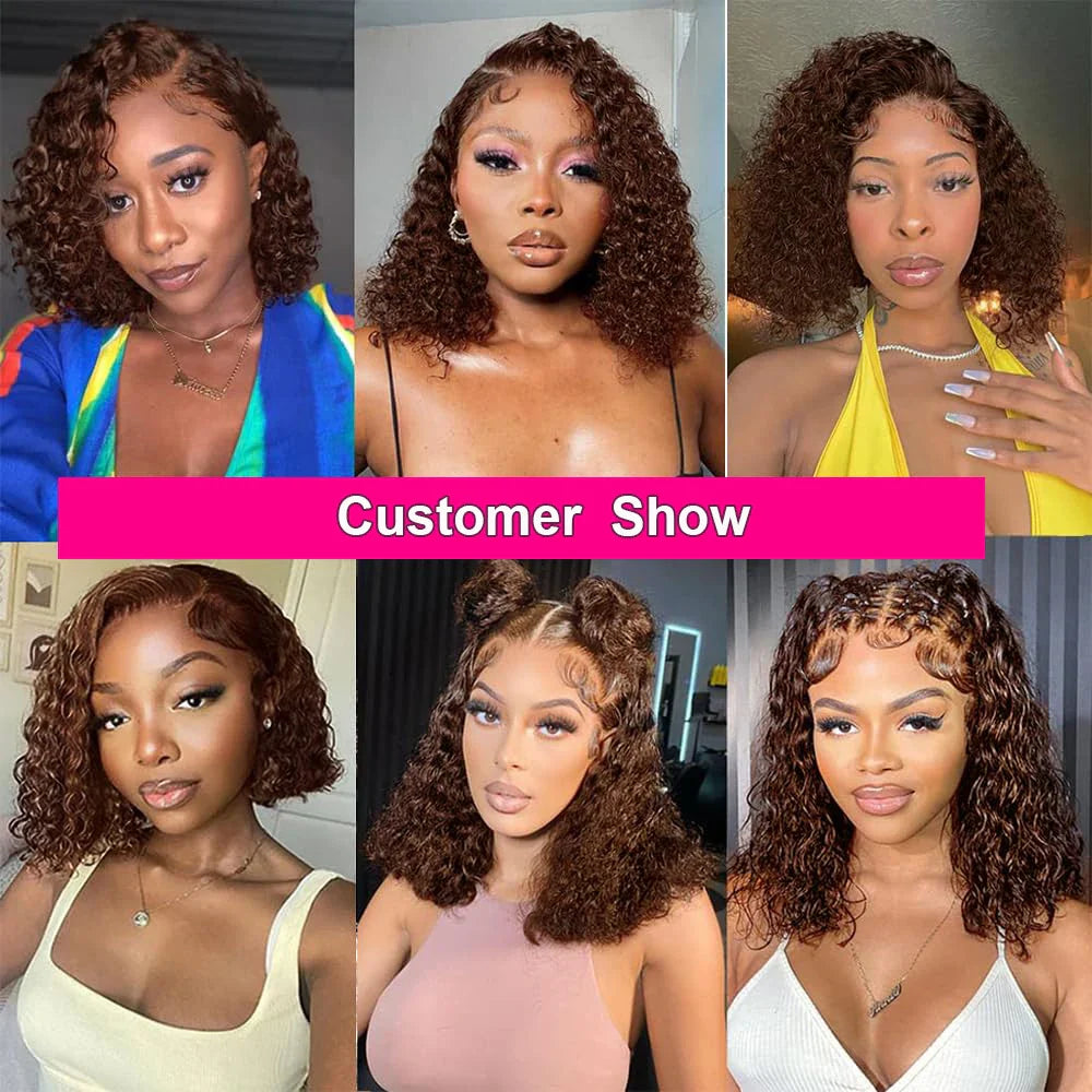 Elegant Brown Kinky Curly Short Bob Wig, 13x4 Lace Front, Brazilian Deep Wave Human Hair, #4 Colour, offering a luxurious hairstyle for a sophisticated look.