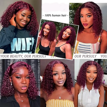 Stylish deep wave 99J bob wig in burgundy displayed on a mannequin, representing elegance and luxury in 100% human hair lace front wigs.