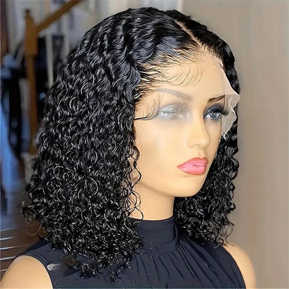 Stylish model wearing 180 density deep curly Mongolian Kinky Curly Wig, demonstrating its natural luster and effortless glamour suitable for any occasion.