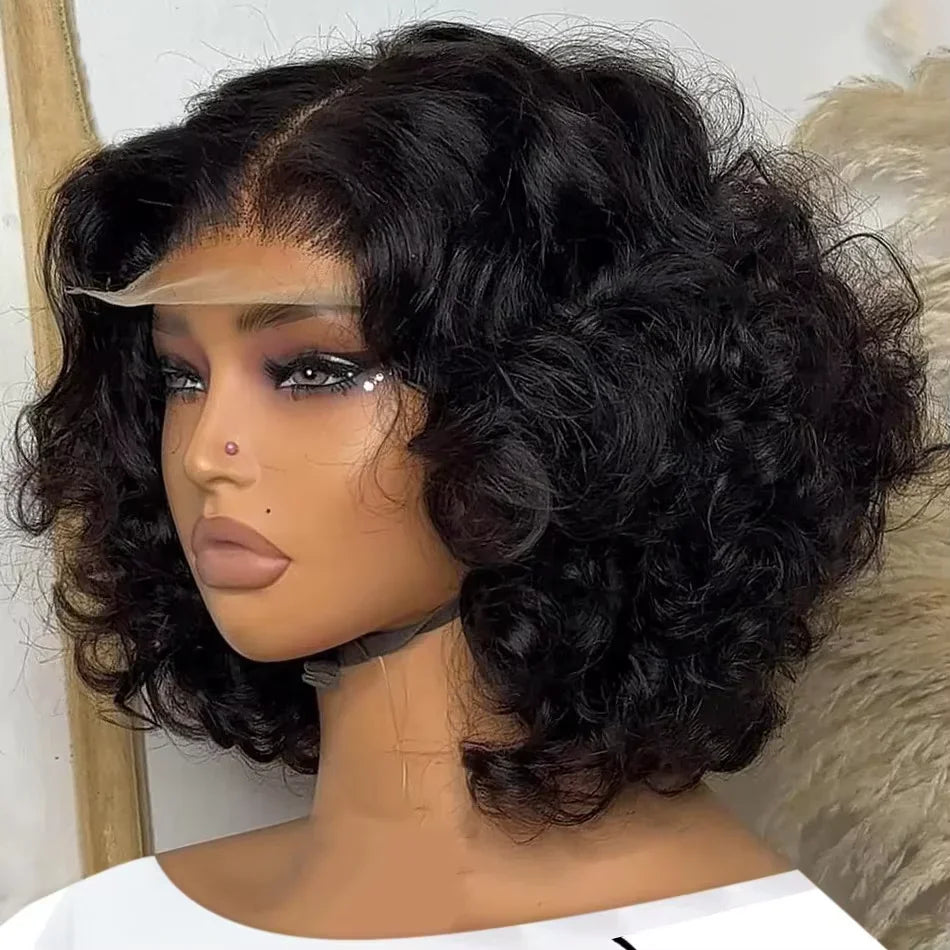 Luxury 250% Body Wave HD Lace Frontal Wig in Short Bob style, crafted from glueless human hair featuring wavy texture and a 13x4 transparent lace front for a natural look.