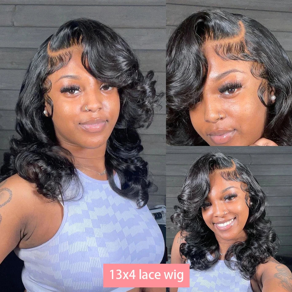 Luxury 13x4 lace frontal bob wig featuring body wave style, crafted from 200% density Brazilian Remy human hair with transparent lace.