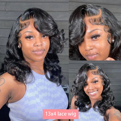 Luxury 13x4 lace frontal bob wig featuring body wave style, crafted from 200% density Brazilian Remy human hair with transparent lace.