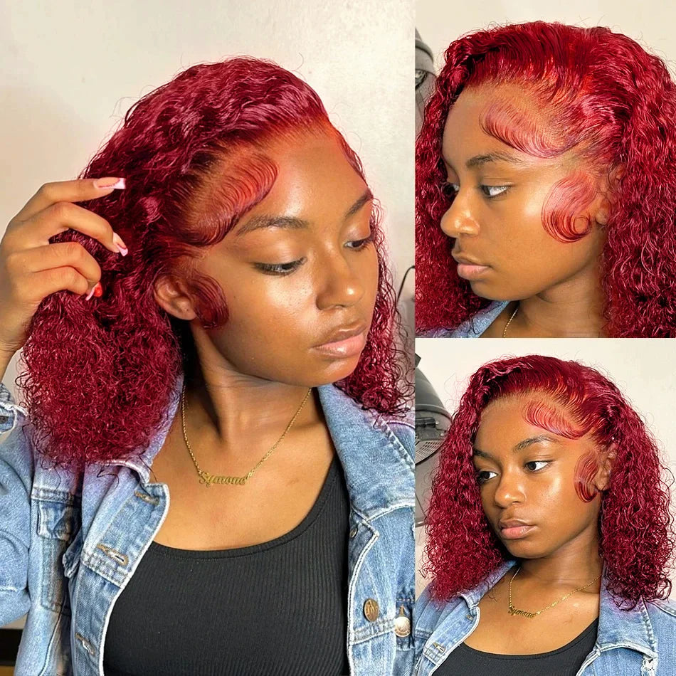 Elegant display of the 100% Brazilian Human Hair 99J Red Curly Deep Wave Wig, designed with a transparent lace for a natural look.