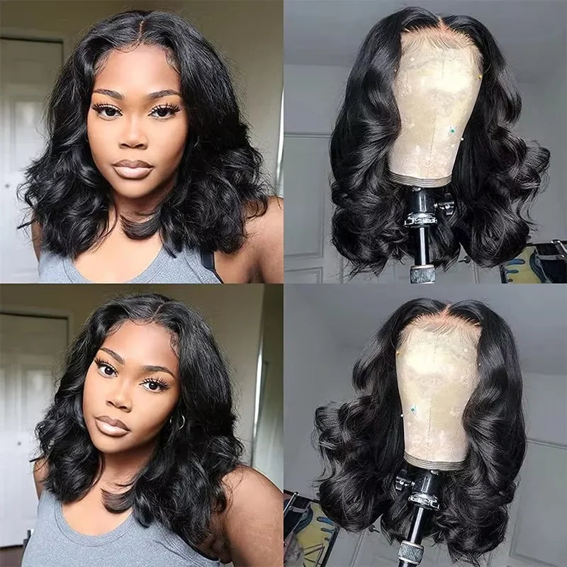 Luxury 250% Body Wave HD Lace Frontal Wig showcasing short bob style with glueless installation, designed for vibrant femininity.