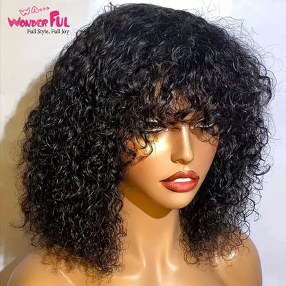 Stylish Brazilian Jerry Curl Bob Wig with bangs displayed on a mannequin, highlighting its natural look and luxurious feel for glamorous occasions.