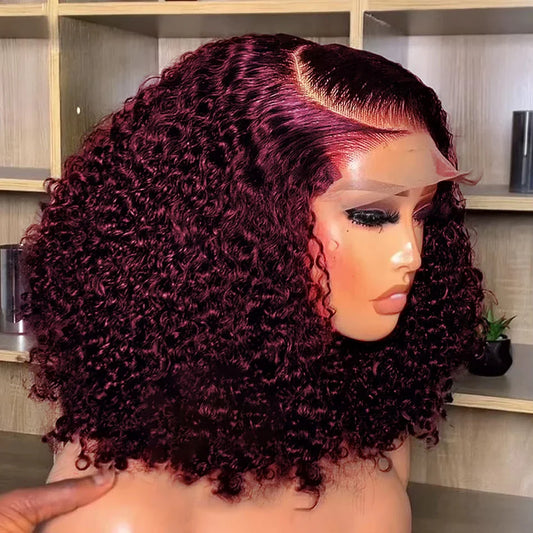 Elegant burgundy lace front bob wig with deep wave texture, highlighting the soft curls and natural Swiss lace blend for a seamless look.