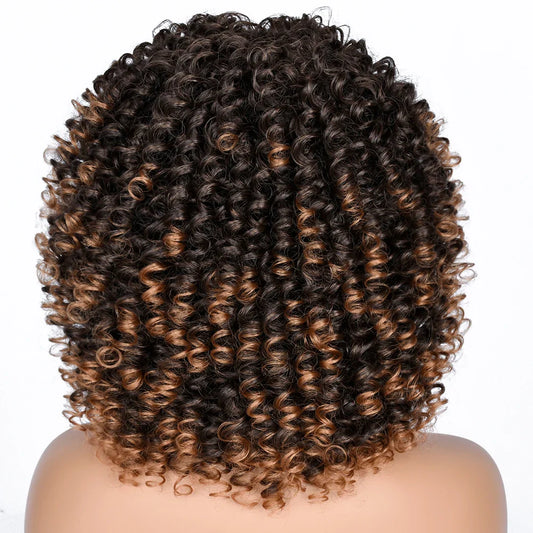 Stylish average size Luxury Short Curly Afro Wig featuring gorgeous bangs, perfect for Black women seeking a chic and effortless look with 180% density curls.