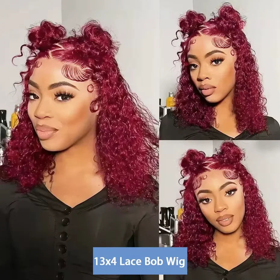 Back view of the luxurious burgundy bob wig with deep wave texture, demonstrating its full body and stunning shine, made from high-quality Remy human hair.