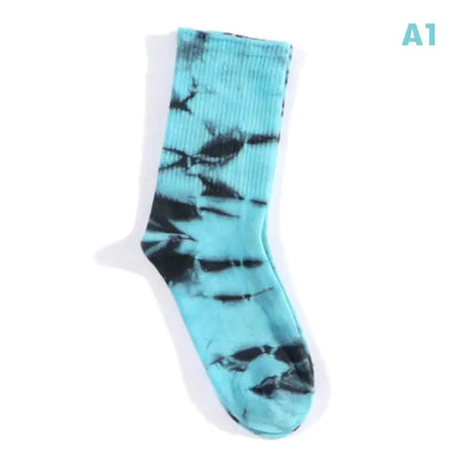Luxurious Women's Tie-Dye Middle Tube Socks in a stunning turquoise and black tie-dye design, a striking addition to elevate your fashion ensemble.