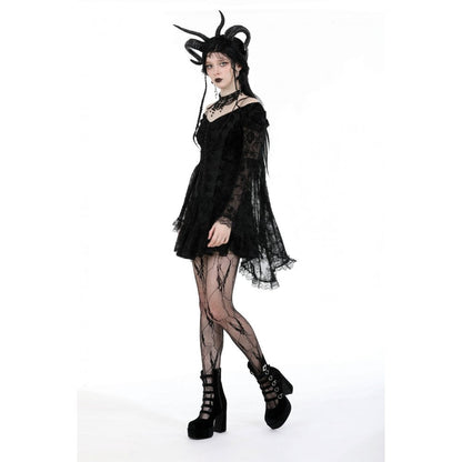 Luxurious Dark In Love Alora Off Shoulder Lace Dress showcasing flared sleeves and intricate lace detailing against a stylish backdrop.